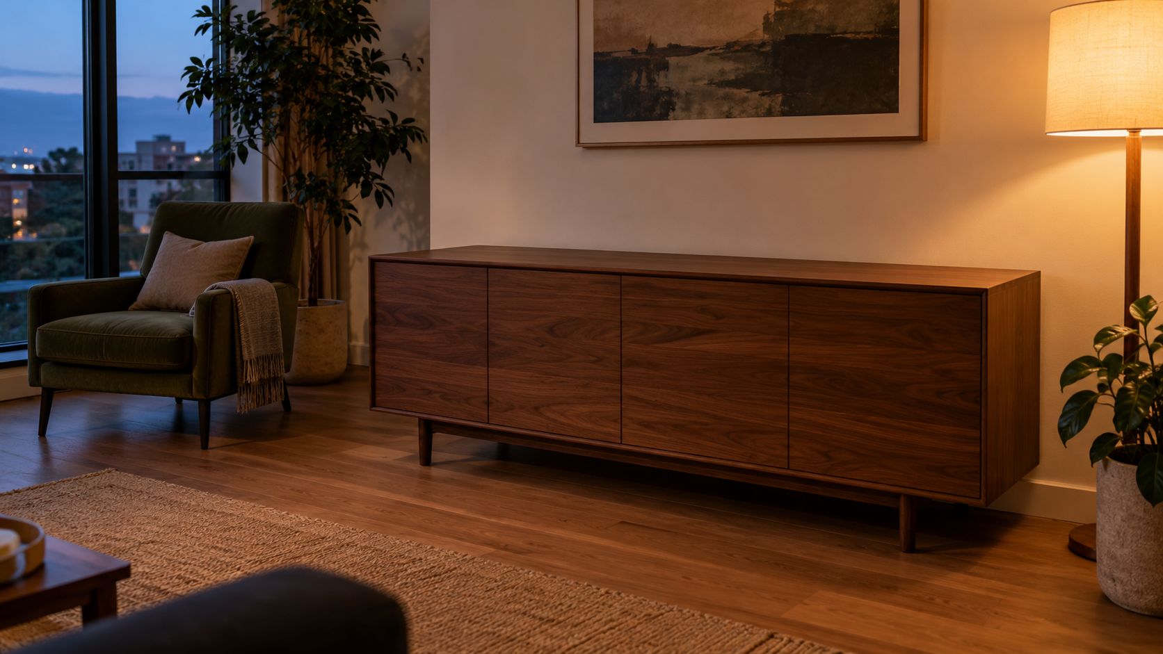 Apartment at dusk with an empty walnut cabinet, olive chair on the left, and warm floor lamp on the right.