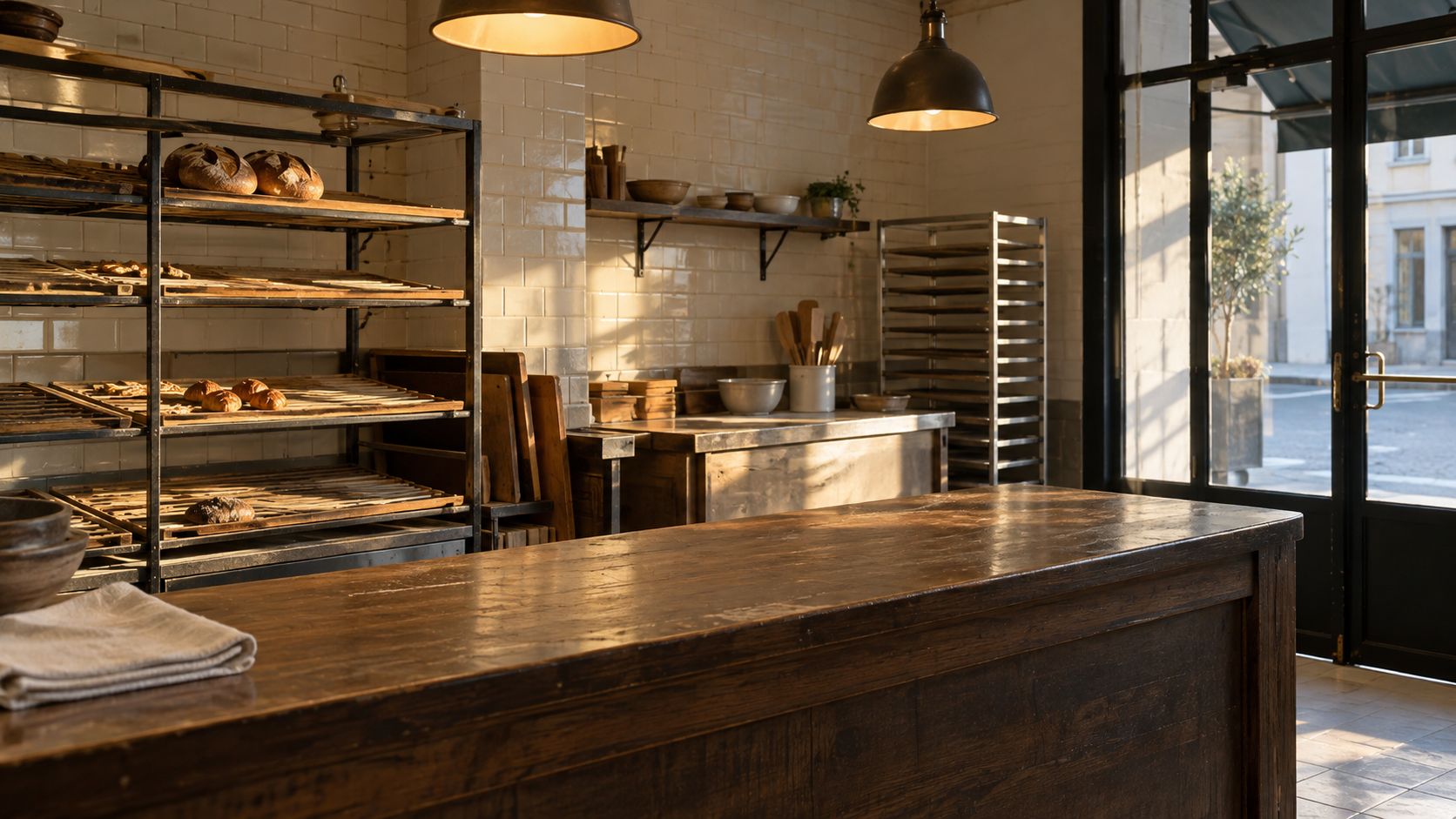 Empty neighborhood bakery with pale tile, a timber counter, and a glass entrance.