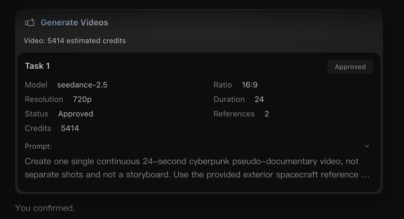 Arcloop video task with the selected model, settings, two references, and prompt