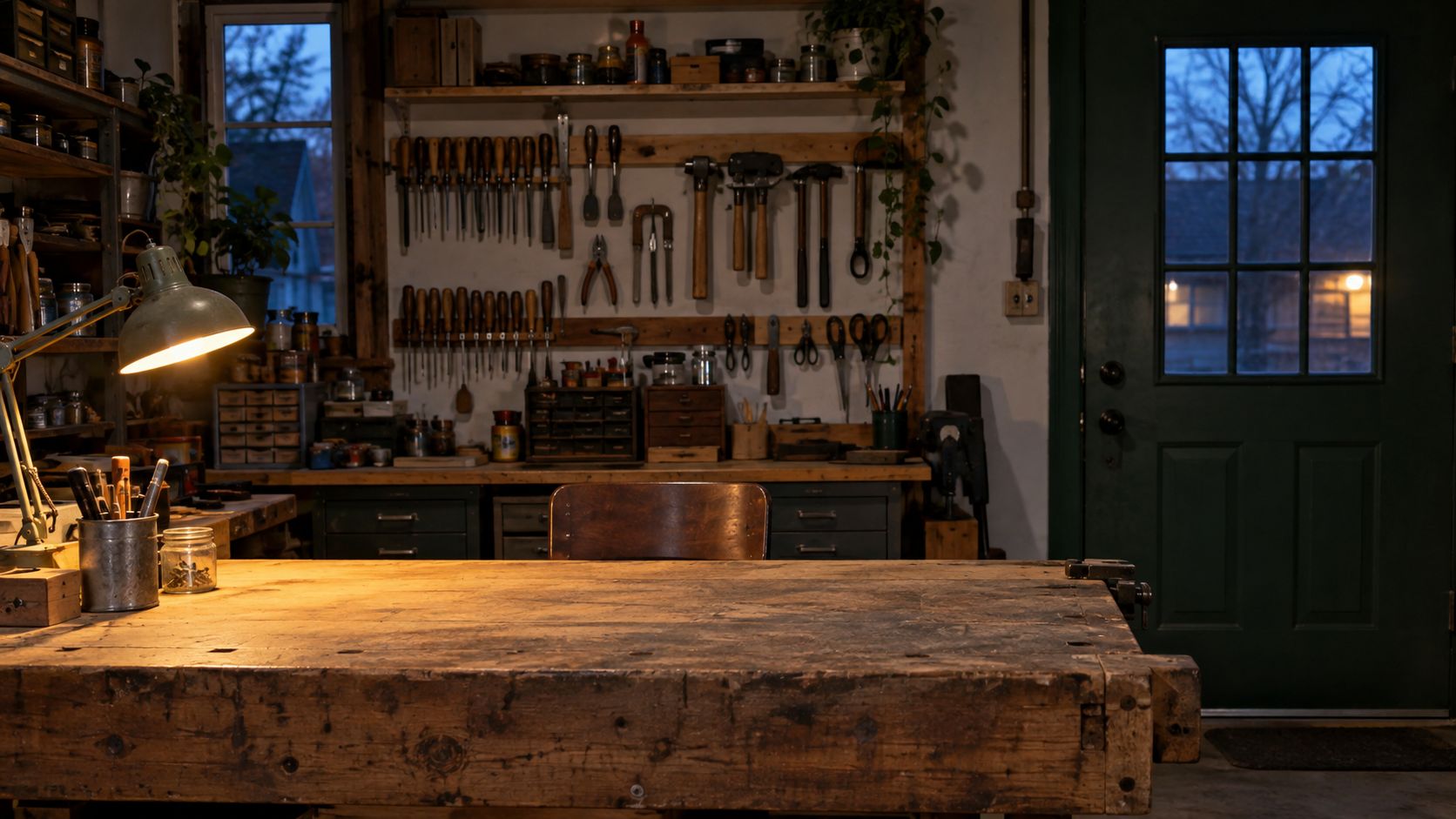 Empty repair shop with a wooden workbench, tools, a warm lamp on the left, and a dark green door on the right.