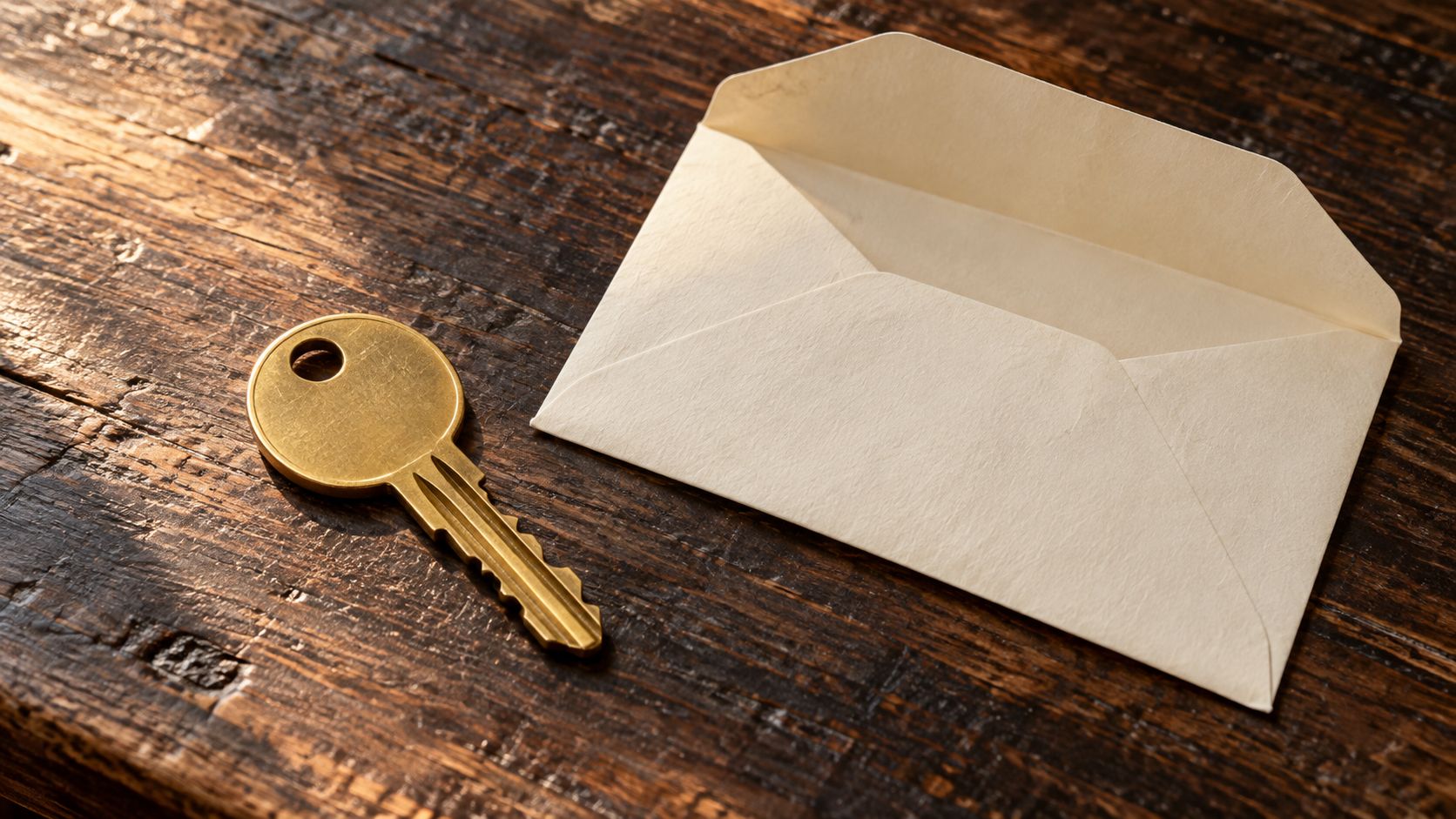 One brass key beside an open plain cream envelope on a timber counter.