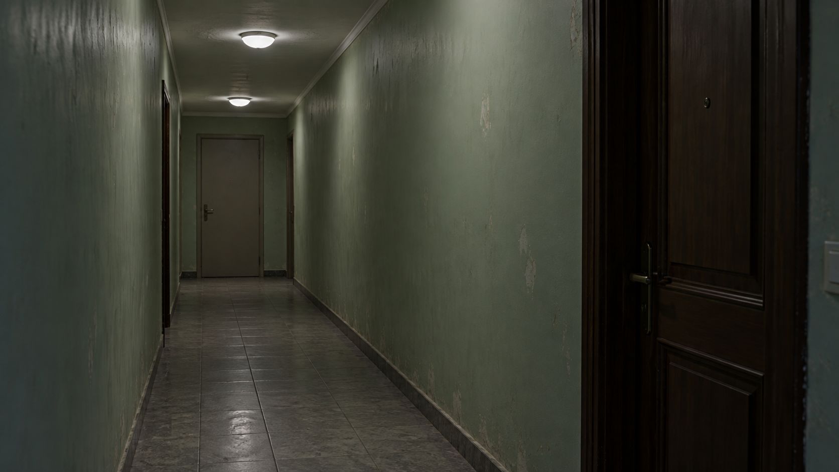 Empty apartment hallway with pale green walls, a dark wooden doorway, and two ceiling lights.