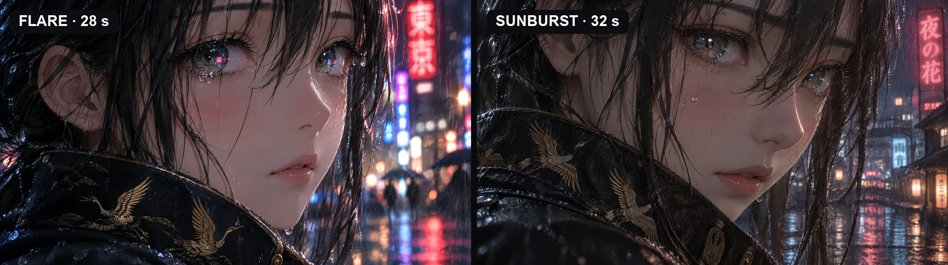 Rain close-up, same prompt on both tiers