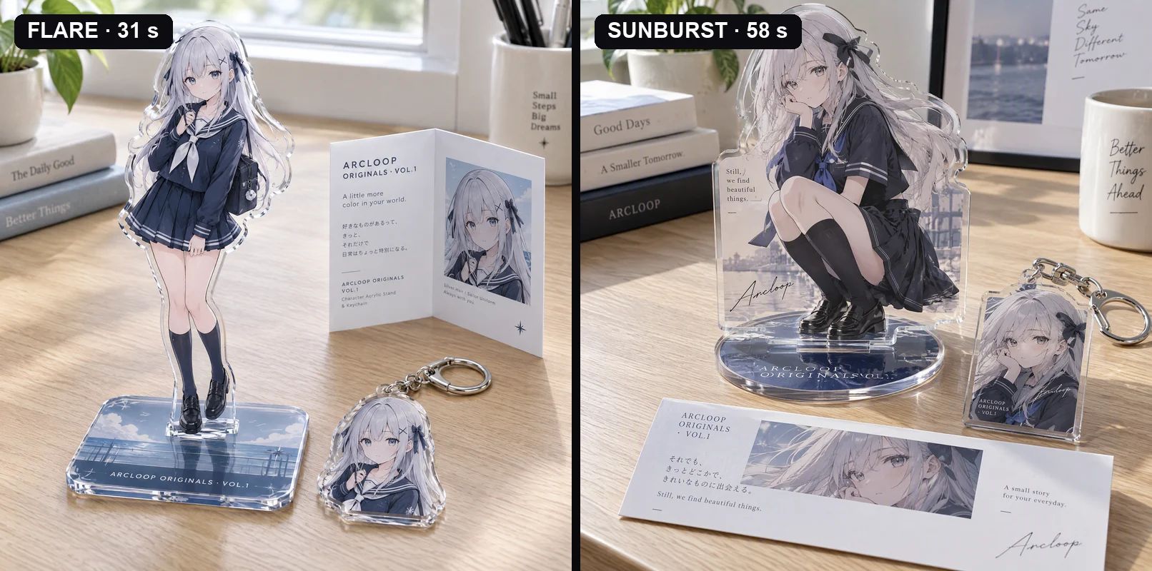Acrylic merch set, same prompt on both tiers