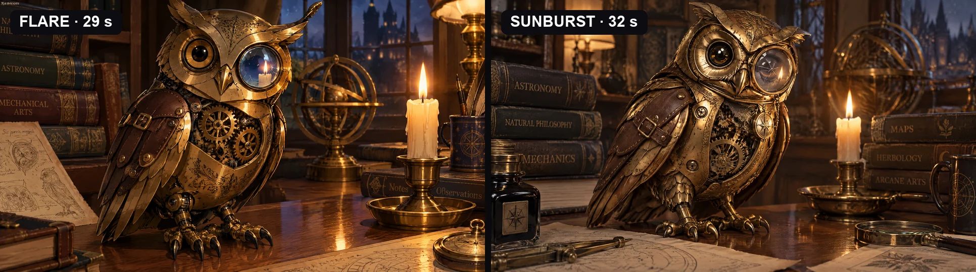 GPT Image 2.5 Flare vs Sunburst, same mechanical owl prompt