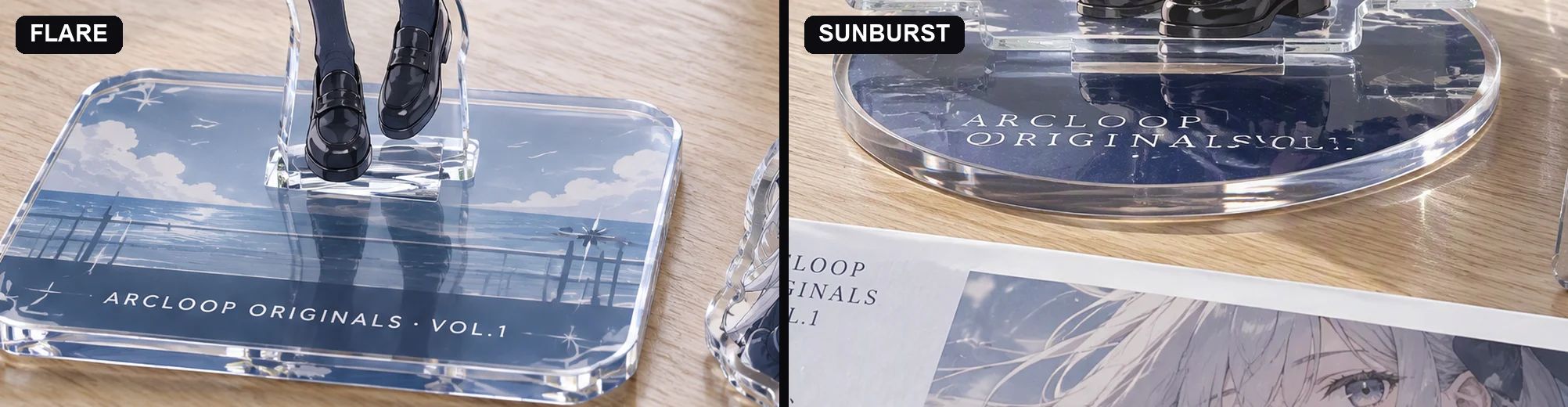 Acrylic base and label at 100%: Flare's label is exact, Sunburst's curved label breaks