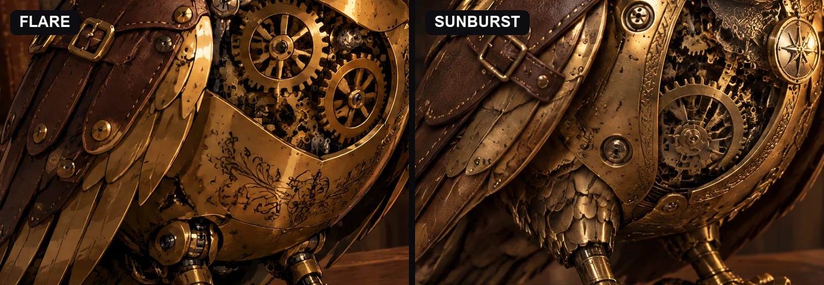 Owl chest at 100%: Flare paints the brass, Sunburst renders it