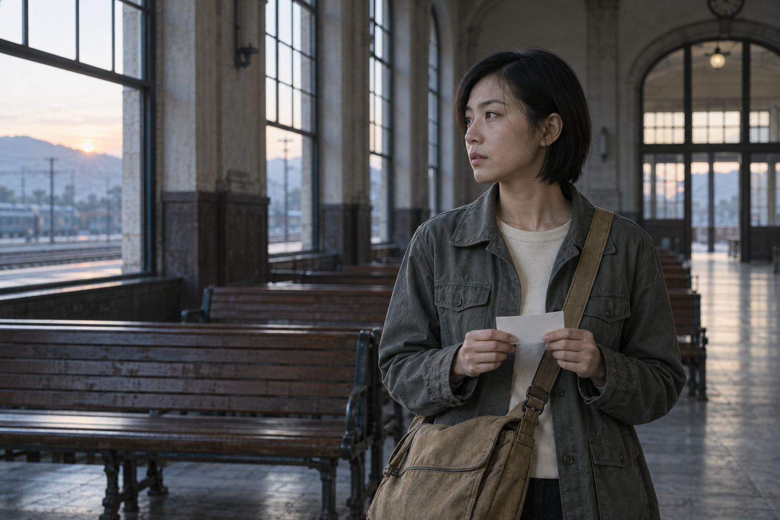Lin Yao in an old railway station at dawn