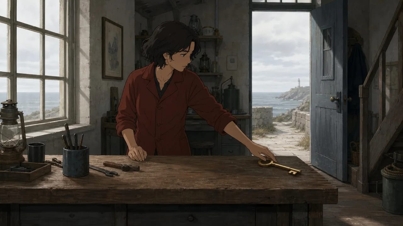 Iona placing the beacon key on a clear workbench