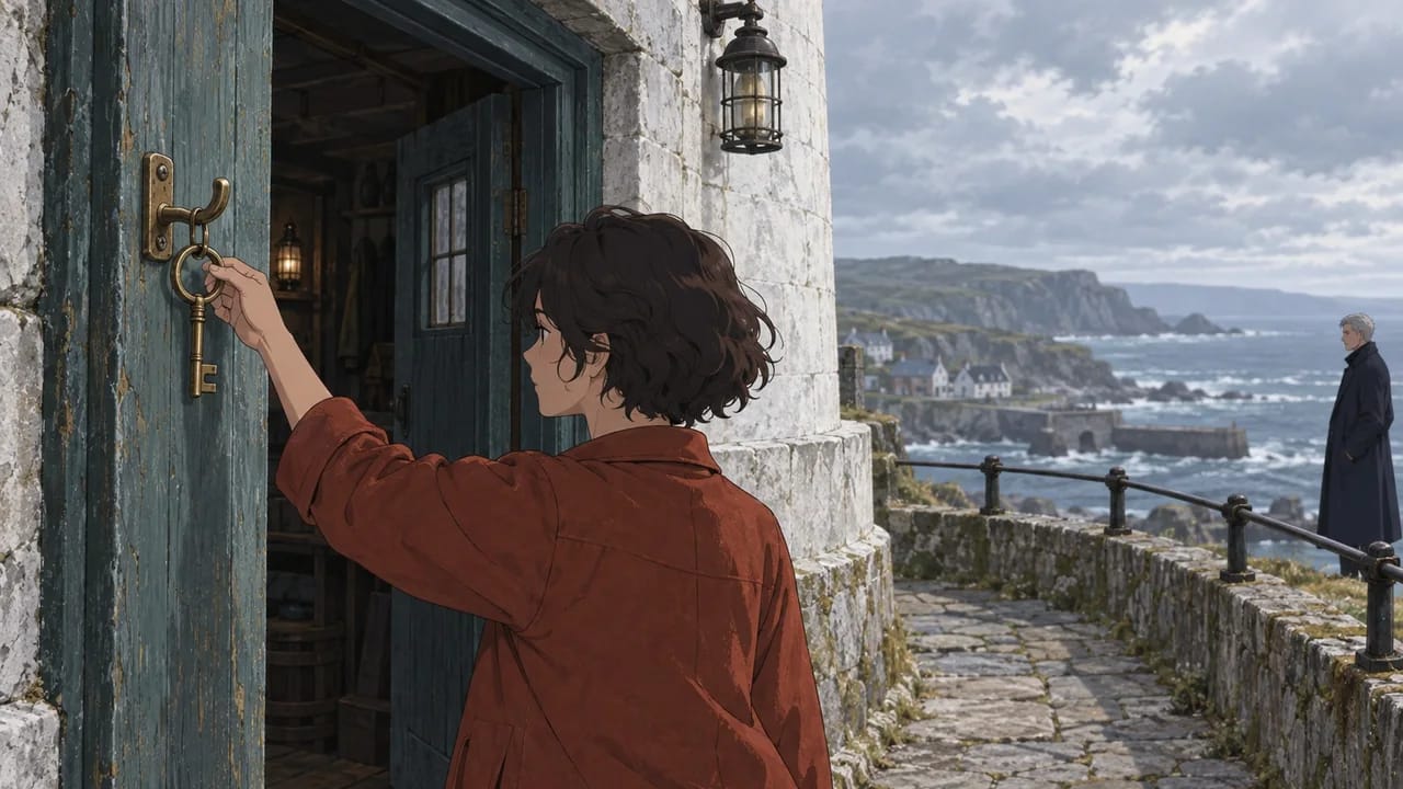 Iona hanging the beacon key beside the open lighthouse entrance