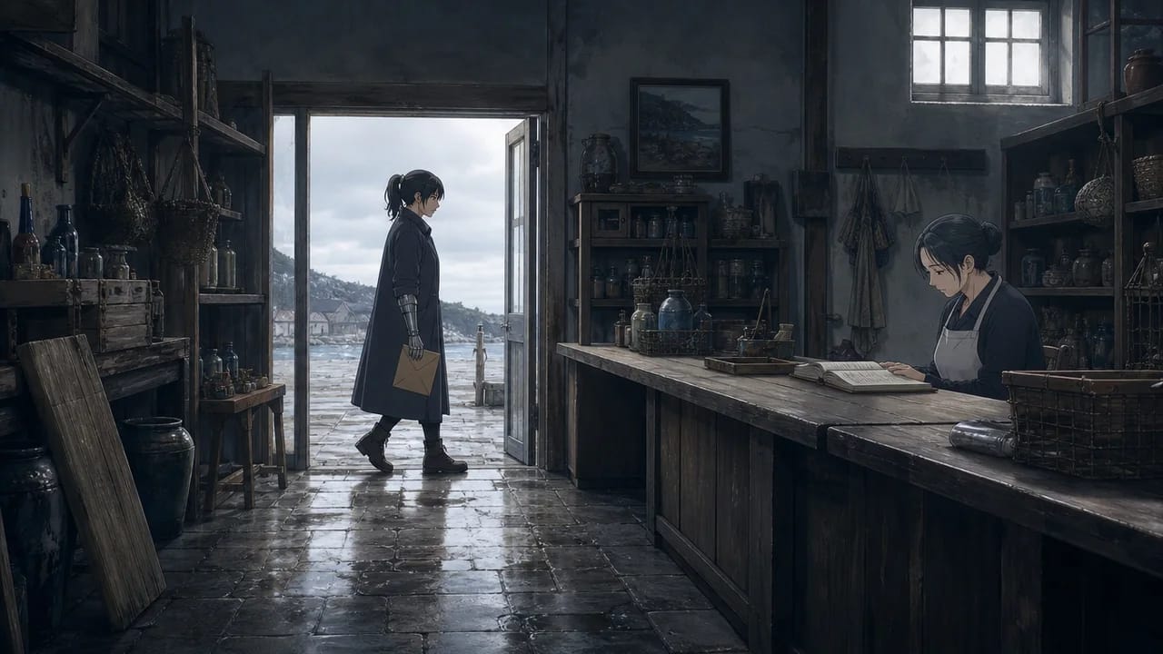 Illustration of Mara entering the shop while the shopkeeper remains behind the counter.