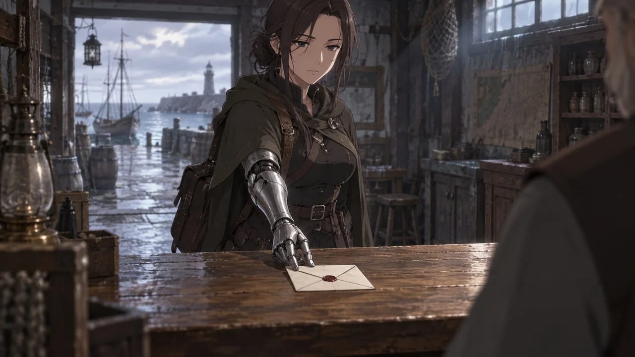 Illustration of Mara sliding the sealed letter across the counter with fingertips still on it.