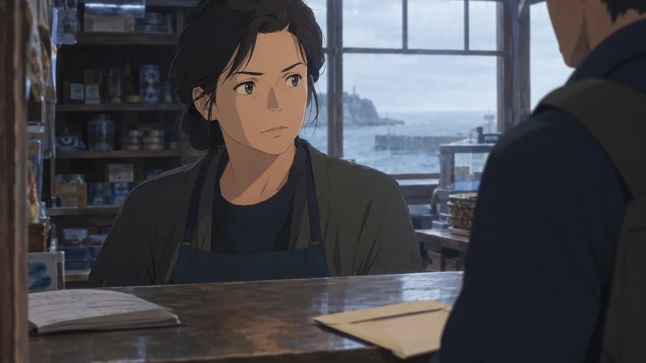 Illustration of the shopkeeper glancing toward Mara with guarded recognition.