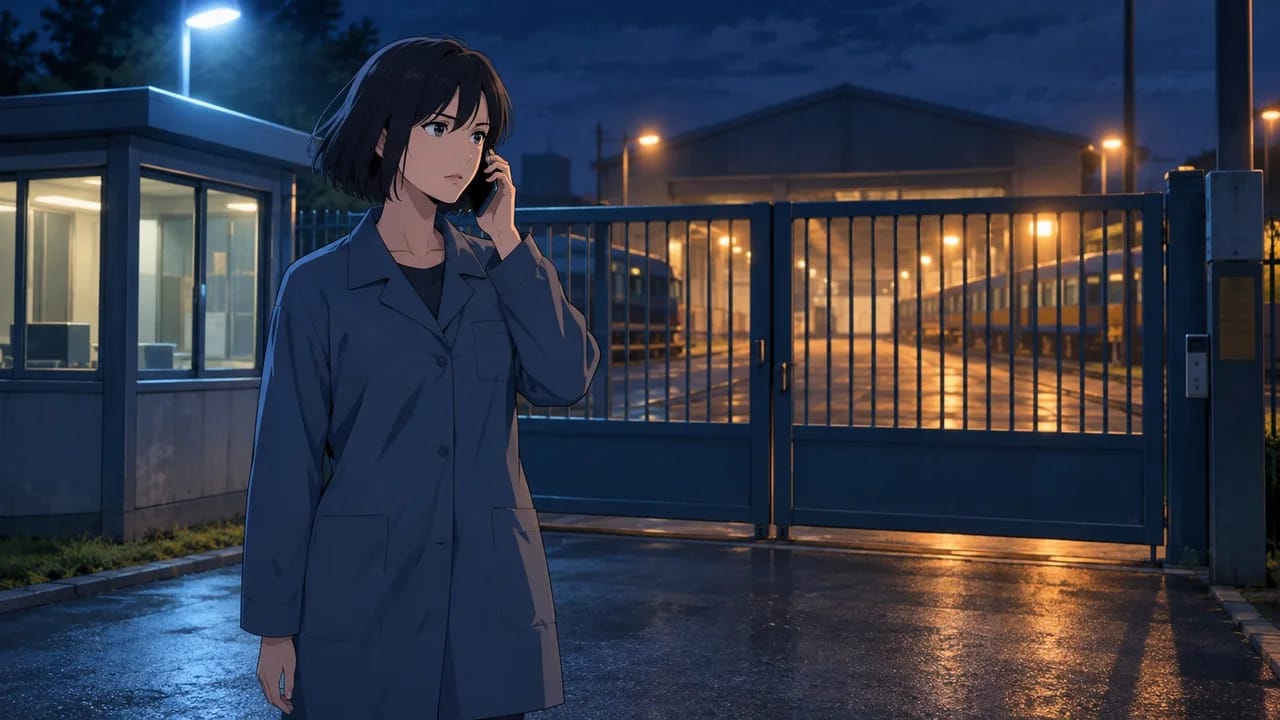 Illustration of Saya raising her phone at a closed depot gate.