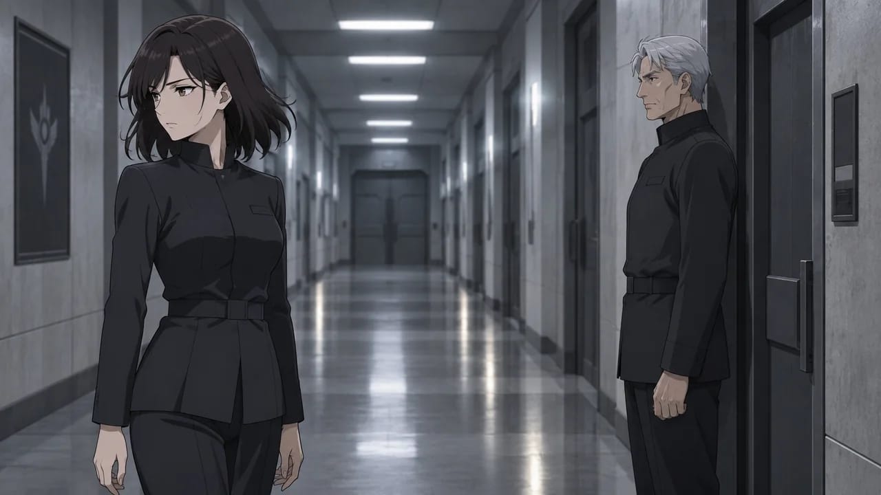 Illustration of Hana turning away from Commander Varesh after their business ends.