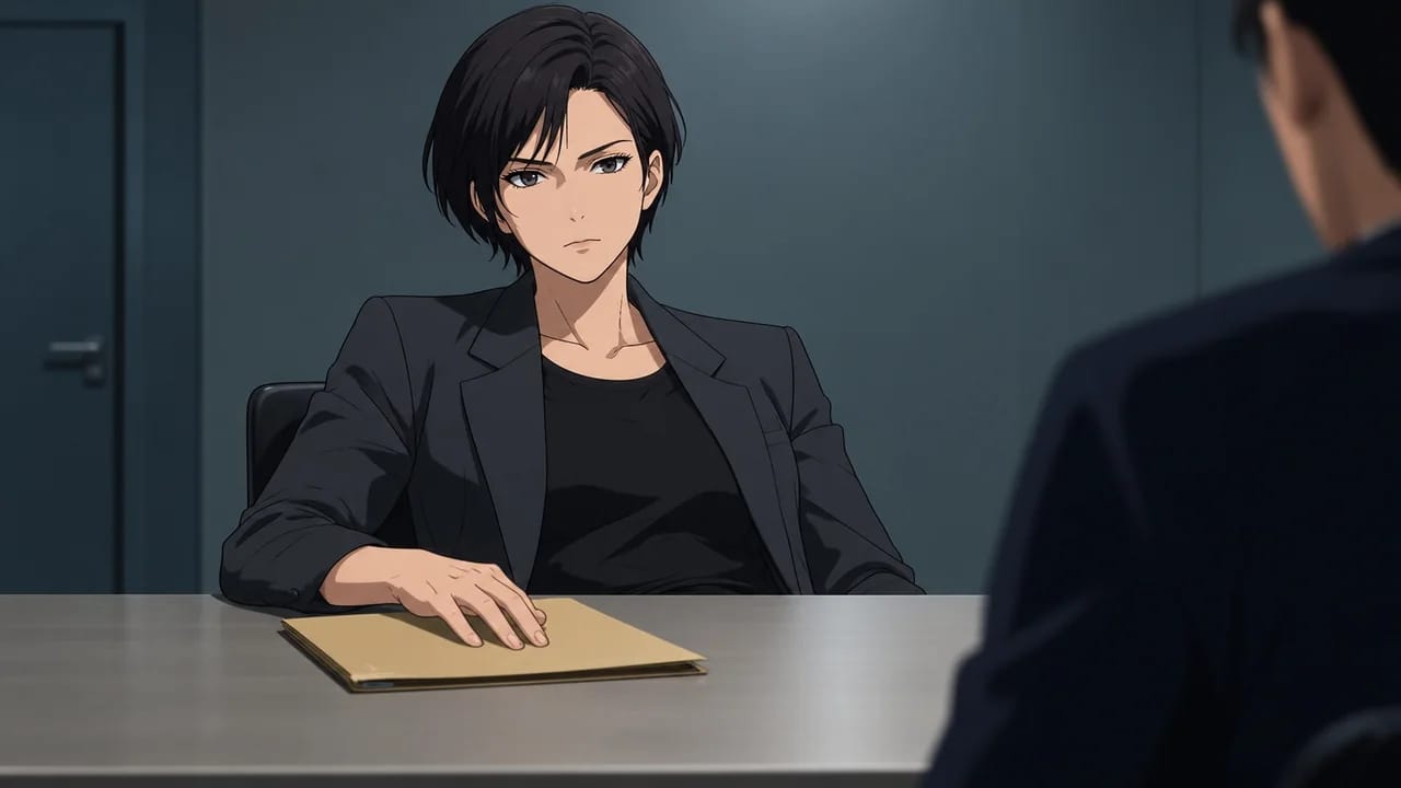 Illustration of Seo Hyeon leaning back with a relaxed hand on the case file.