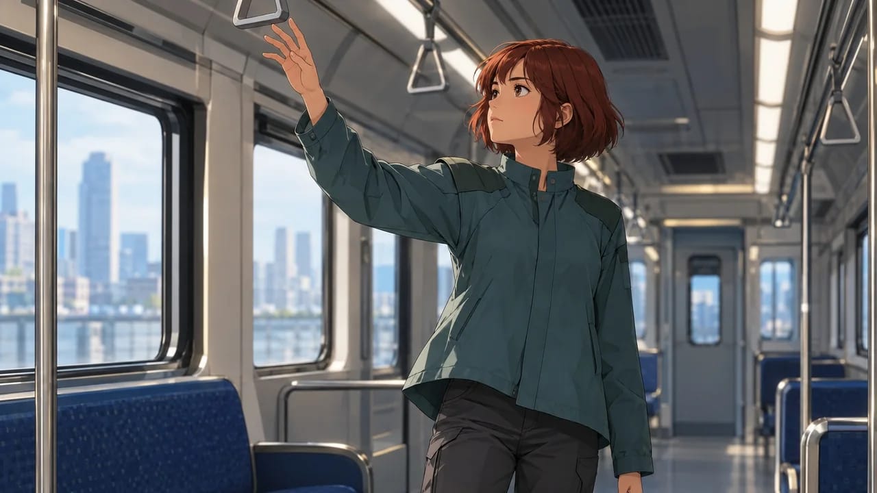 Illustration: Sera reaches toward a visible handhold, lifting one side of the jacket