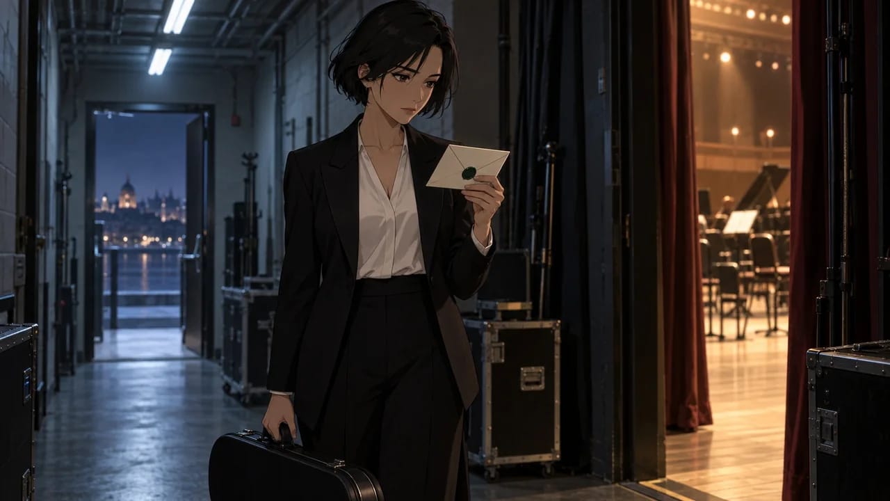Illustration: present-day Mara raises an invitation in the cool backstage corridor