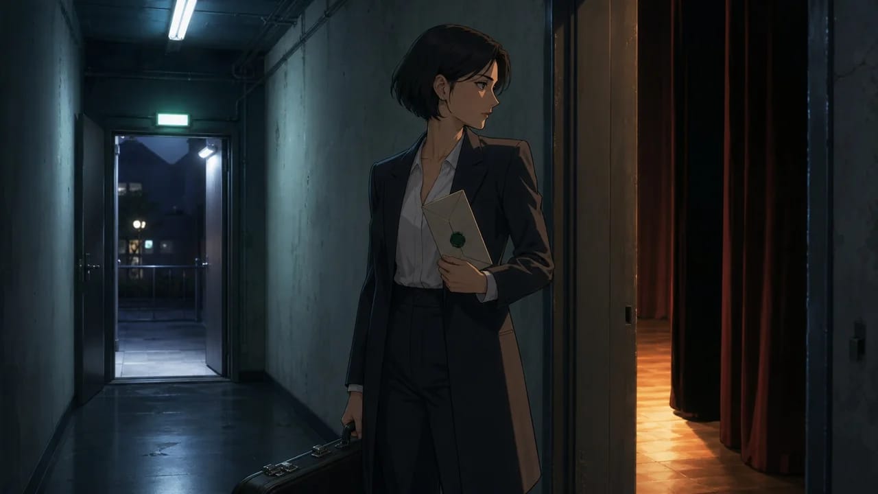 Illustration: adult Mara turns toward the stage in the same backstage framing
