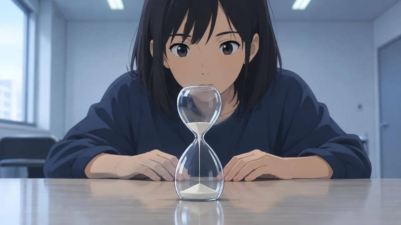 Illustration: a rehearsal hourglass runs low while Soo-Yeon watches