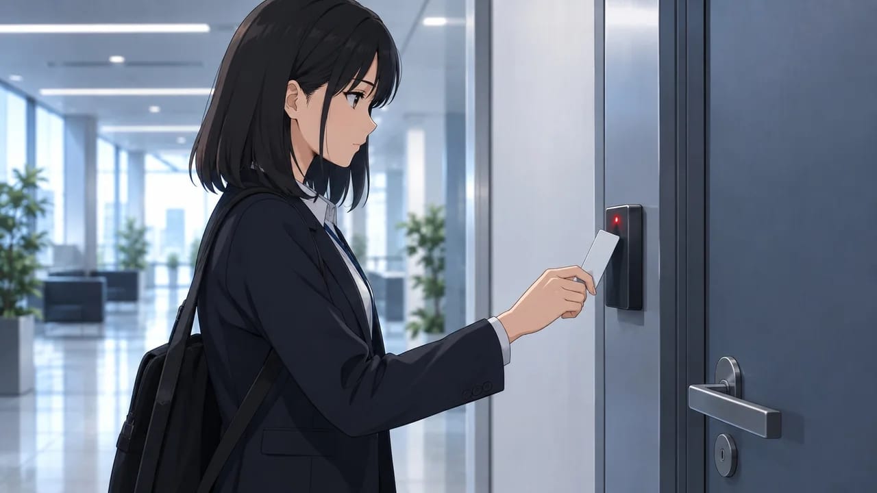 Illustration: Soo-Yeon makes one rejected badge attempt at a closed door