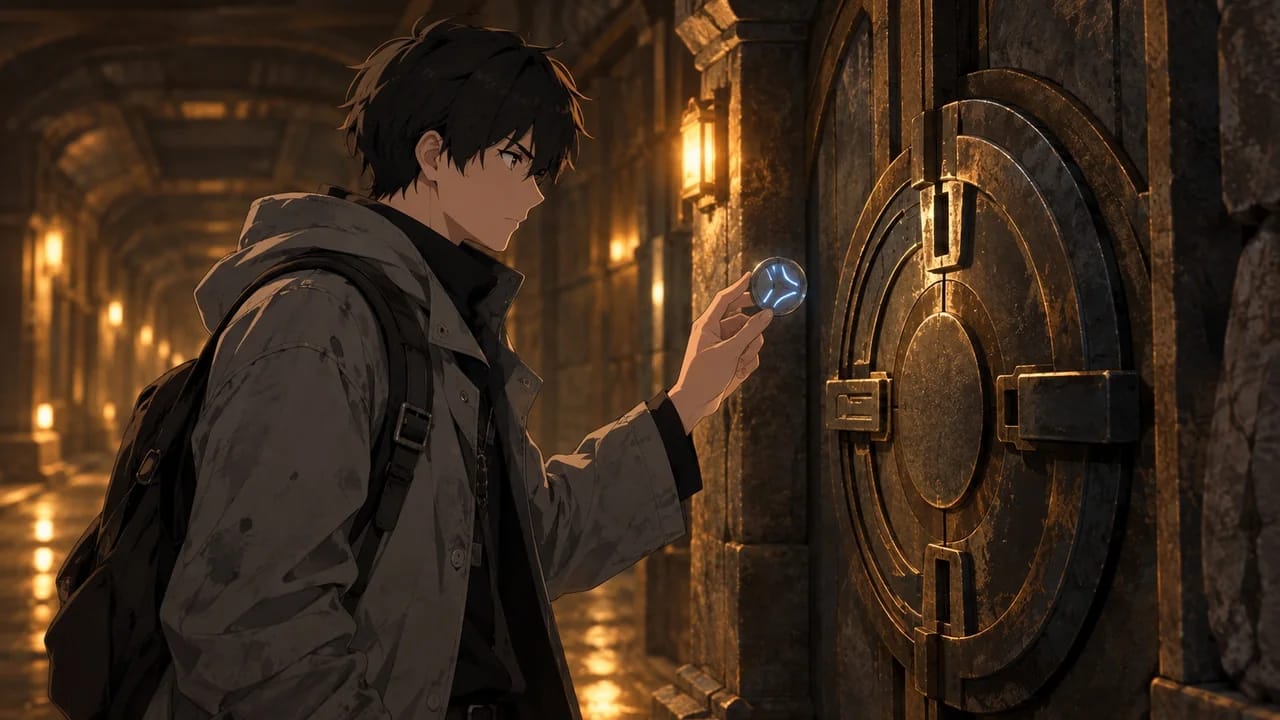 Illustration: Vash raises a token with three lit segments beside the sealed gate