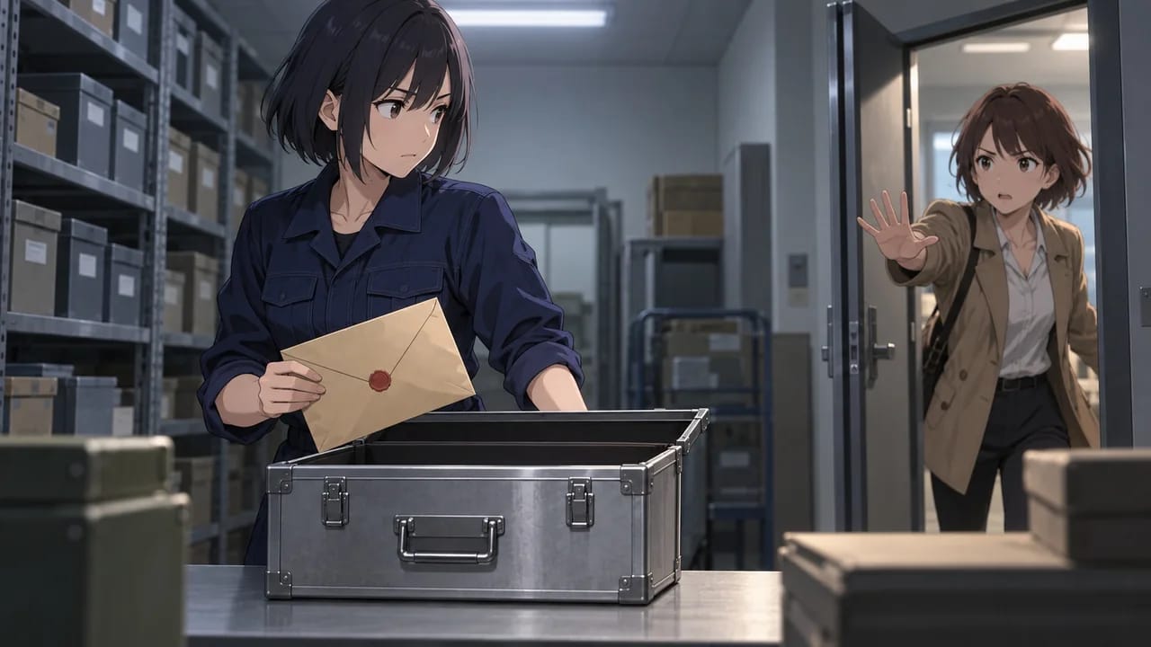 Illustration: Yuna stops the evidence envelope short of the archive case