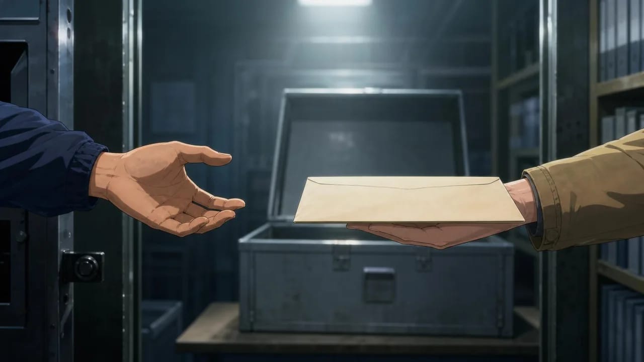 Illustration: Yuna releases the envelope into the reporter's waiting hand