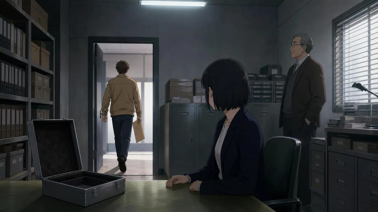 Illustration: the reporter leaves with the evidence while Yuna stays empty-handed