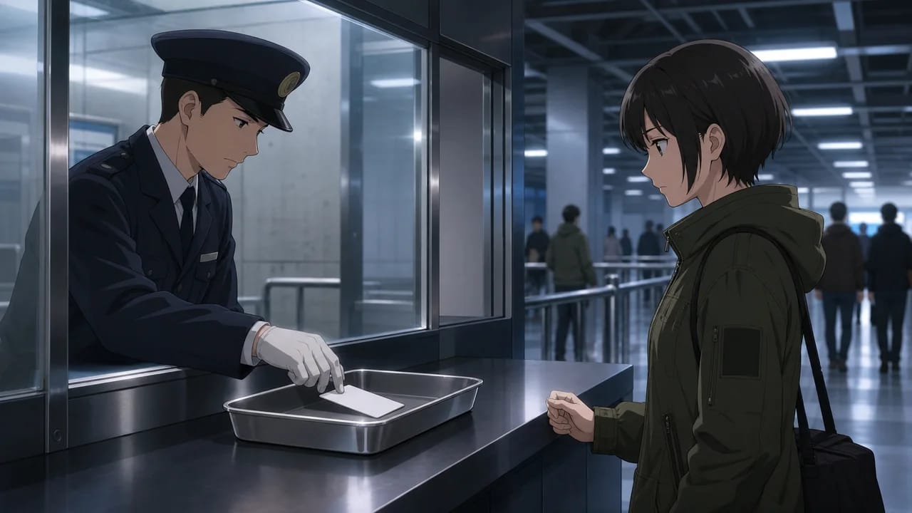 Illustration: the attendant retains Mira's expired pass on the staff side