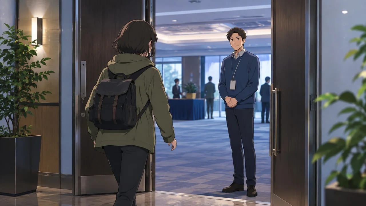 Illustration: Mira enters through the visitor entrance with a waiting sponsor