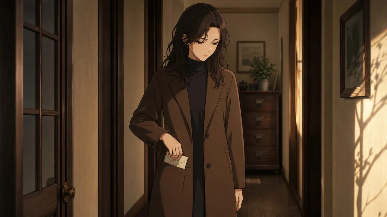 Illustration of Lena pocketing a letter while the filing cabinet remains visible.