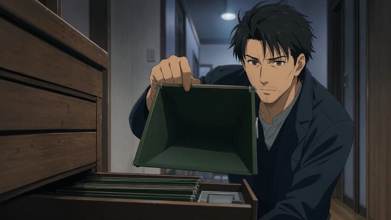 Illustration of Marcus lifting the expected correspondence folder with its empty interior visible.