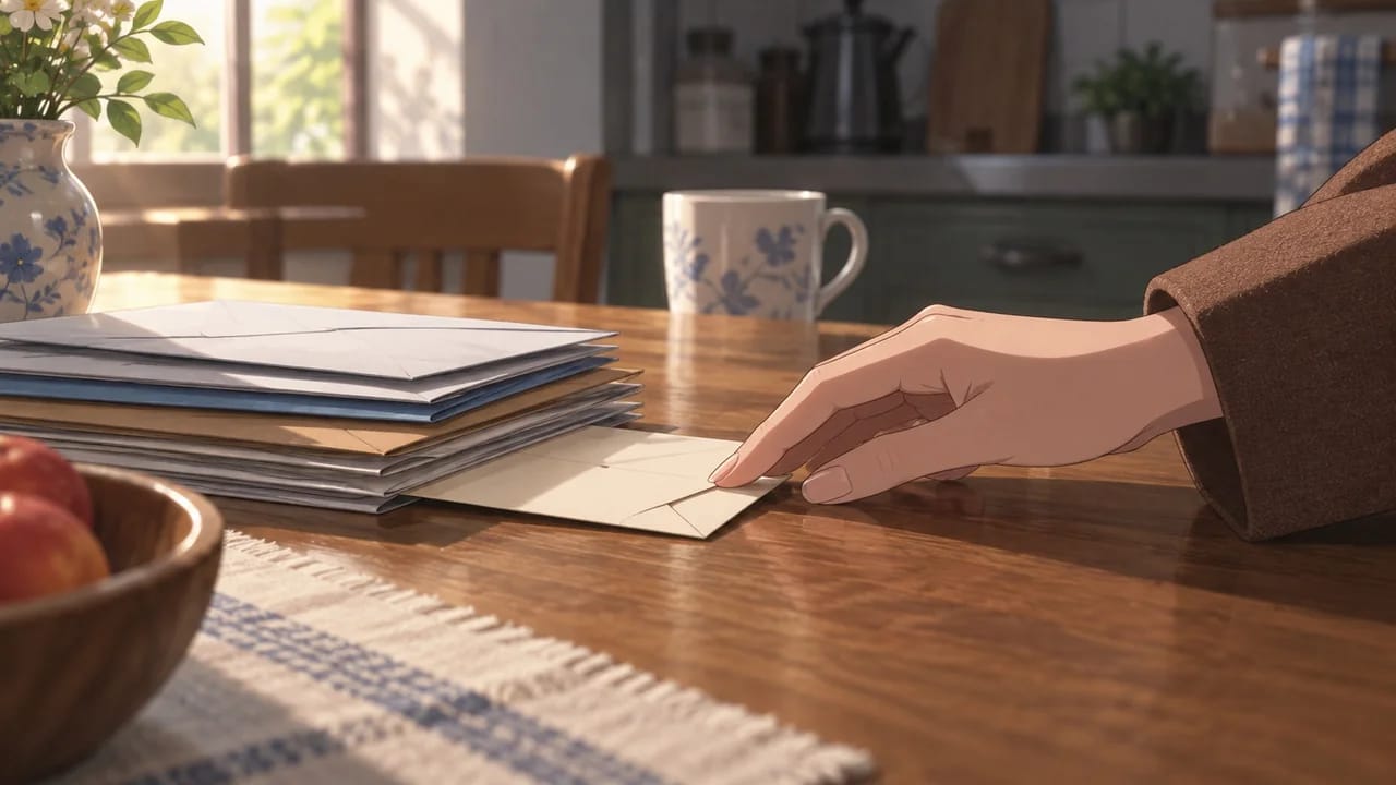 Illustration of Lena sliding the letter under existing mail, leaving a corner visible.