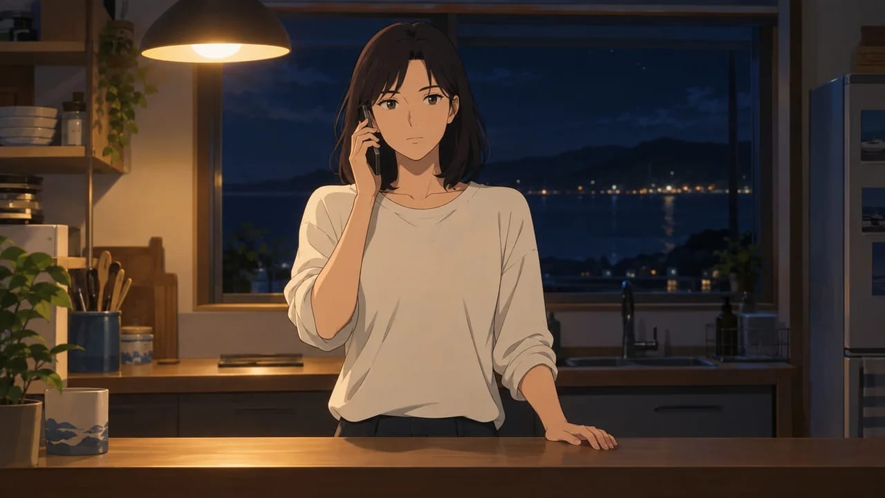 Illustration of Nadia speaking at her kitchen counter with the phone at her right ear.