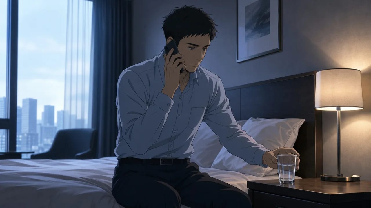 Illustration of Ryo setting a glass on the nightstand while silently holding the phone at his left ear.