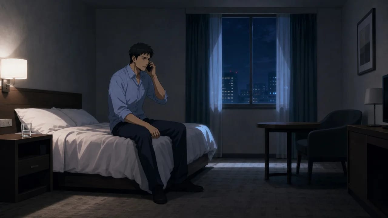 Illustration of Ryo still seated on the bed for his reply, with the glass now on the nightstand.