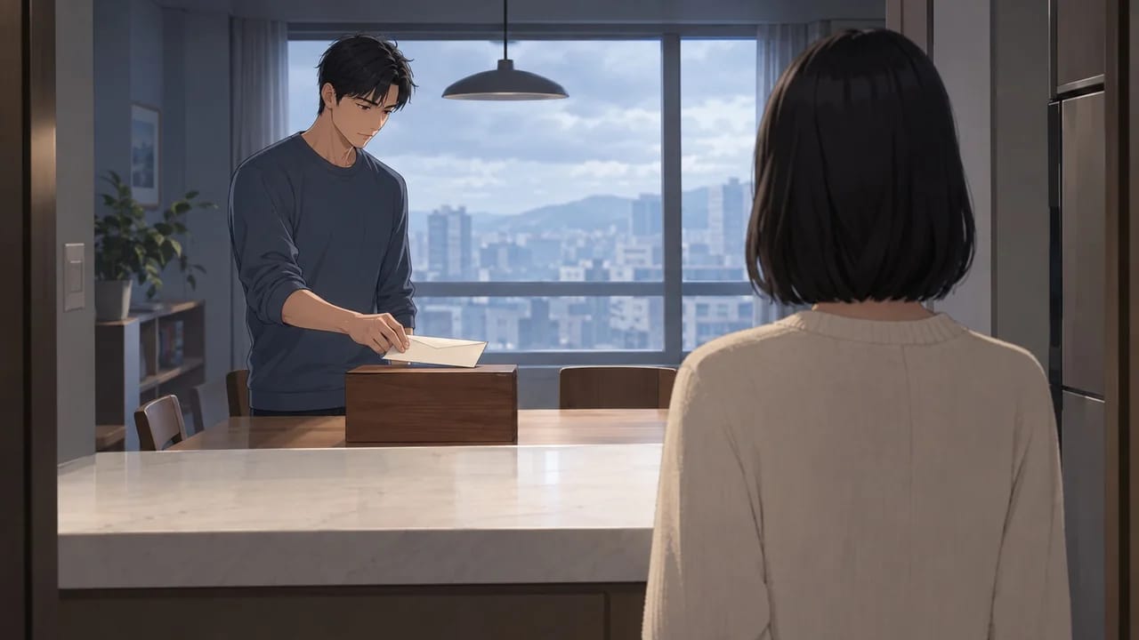 Illustration: Hyun-a sees Min-jun lowering a sealed invitation while the counter conceals the tabletop