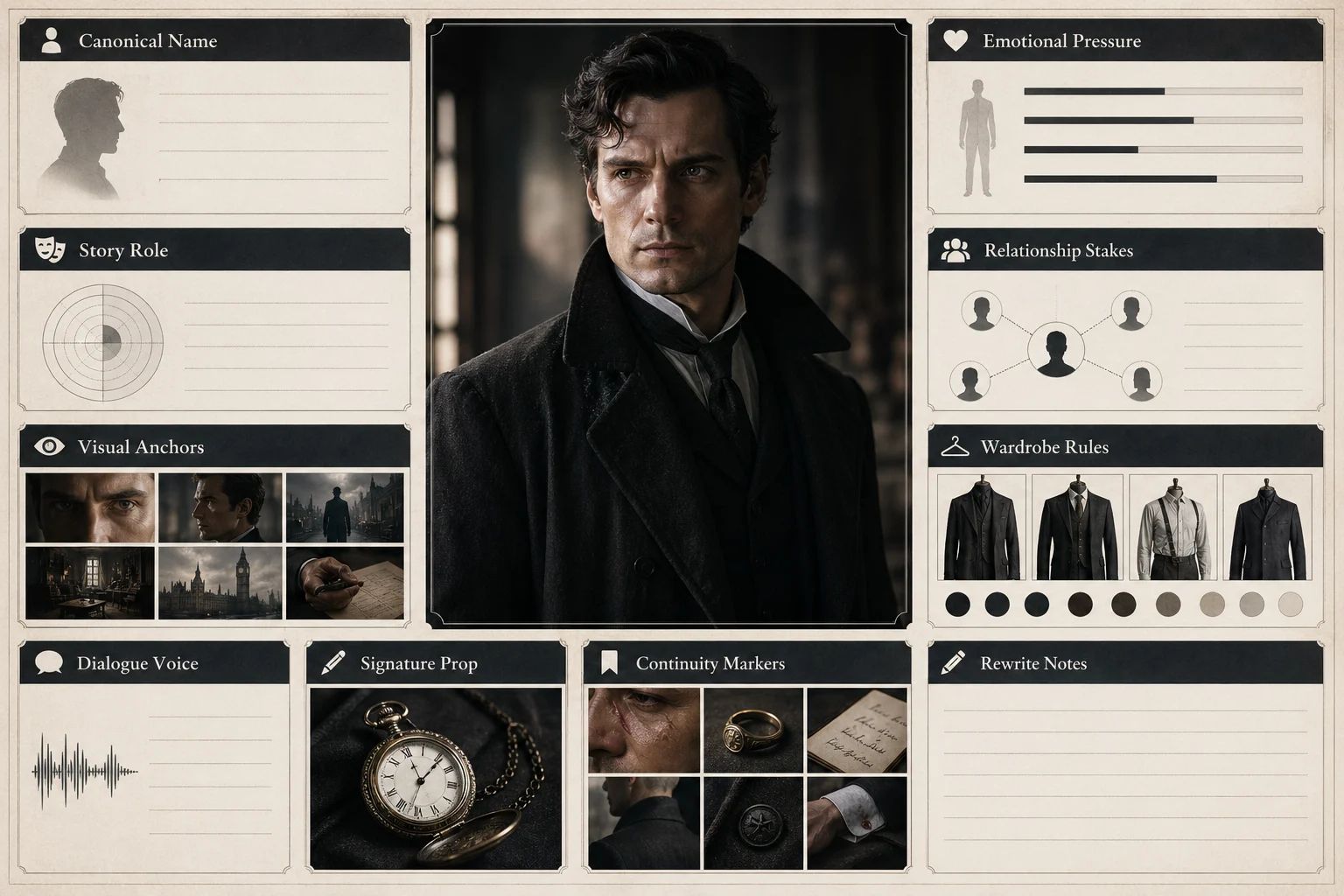 AI character bible field matrix covering character identity, dialogue voice, visual anchors, relationship stakes, and continuity markers for drama production.