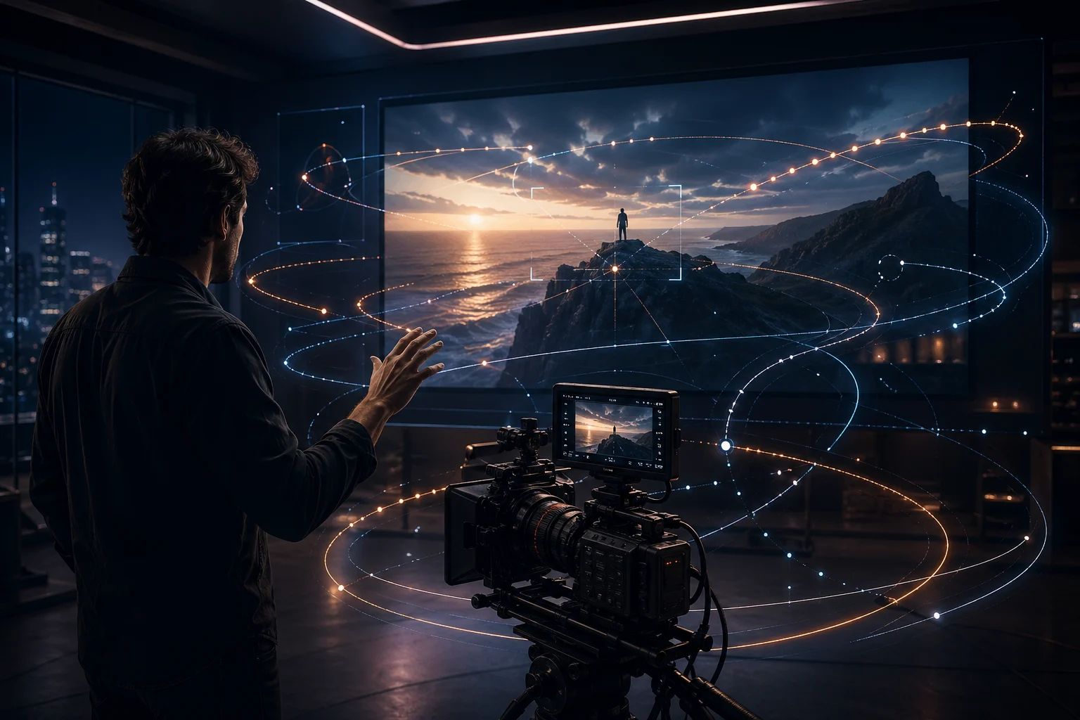 AI video agent harness showing a director, camera rig, cinematic preview, and motion-path planning cues for camera movement and shot continuity.