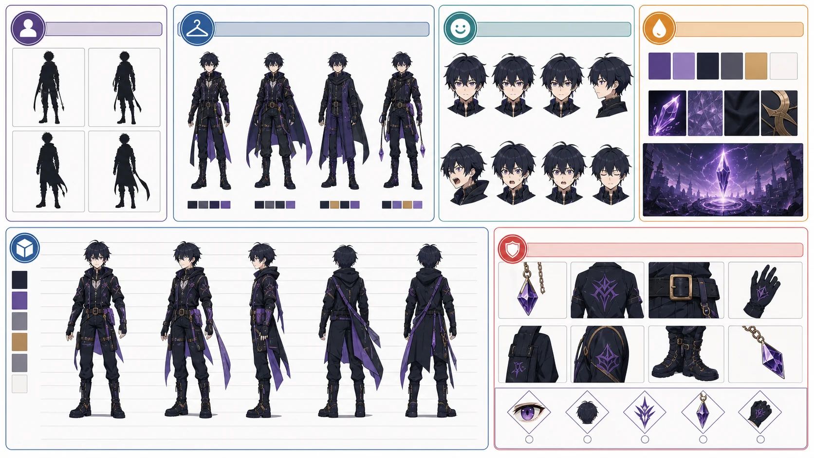 Full-body anime character checklist board with silhouette, outfit range, expression set, color motif, and turnaround views for reusable series production.