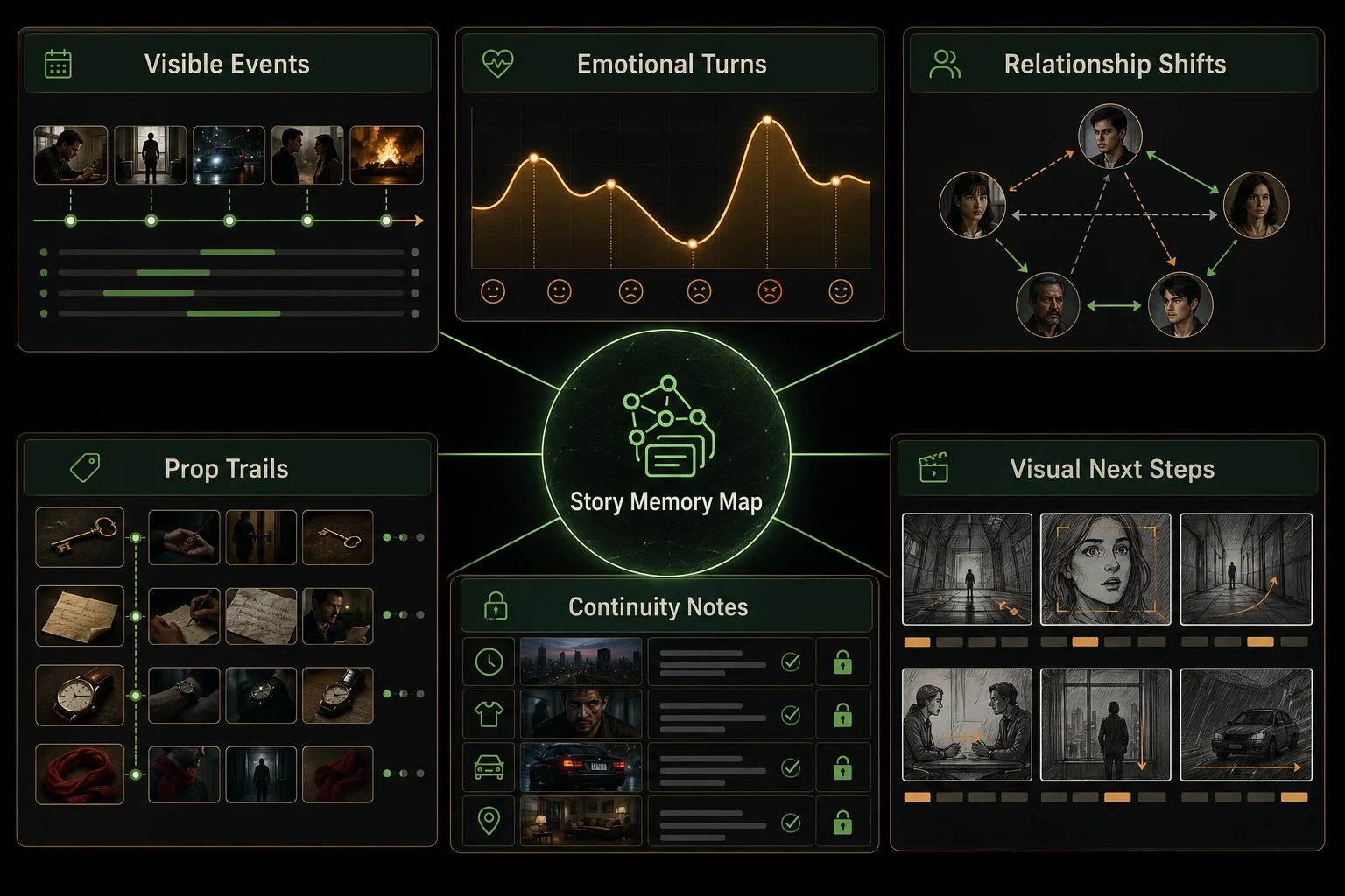 DeepSeek V4 script breakdown map explaining visible events, emotional turns, relationship shifts, prop trails, continuity notes, and visual next steps for drama production.