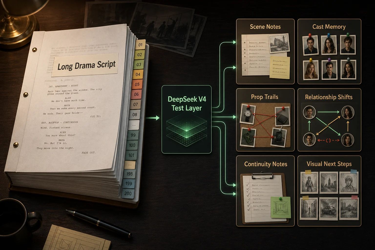 DeepSeek V4 script breakdown map showing a drama script turned into scene notes, cast memory, prop trails, relationship shifts, continuity notes, and visual next steps.