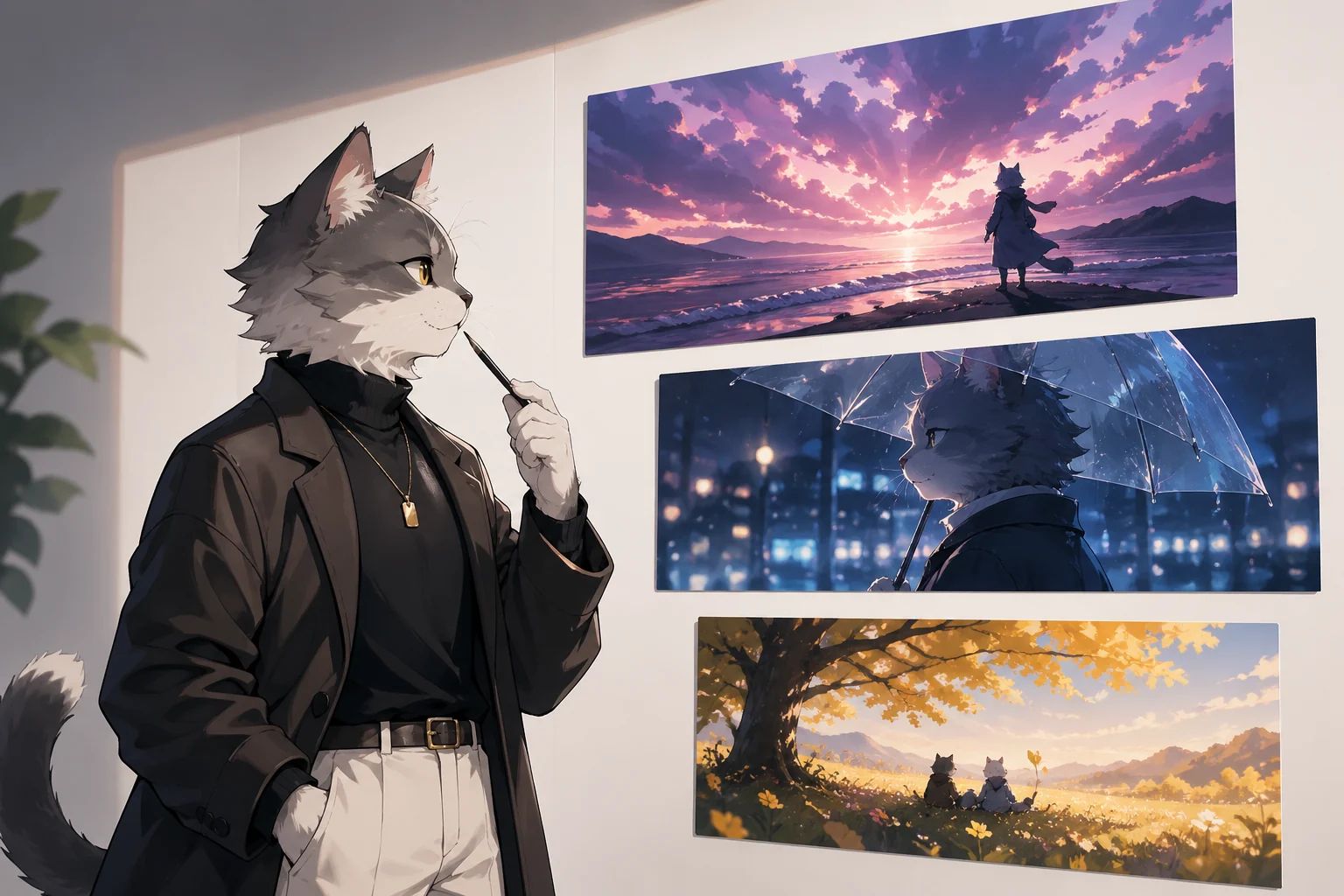 GPT Image 2 anime cat visual example showing a non-human character art director with clean drama image panels for cover, shot reference, and mood exploration.