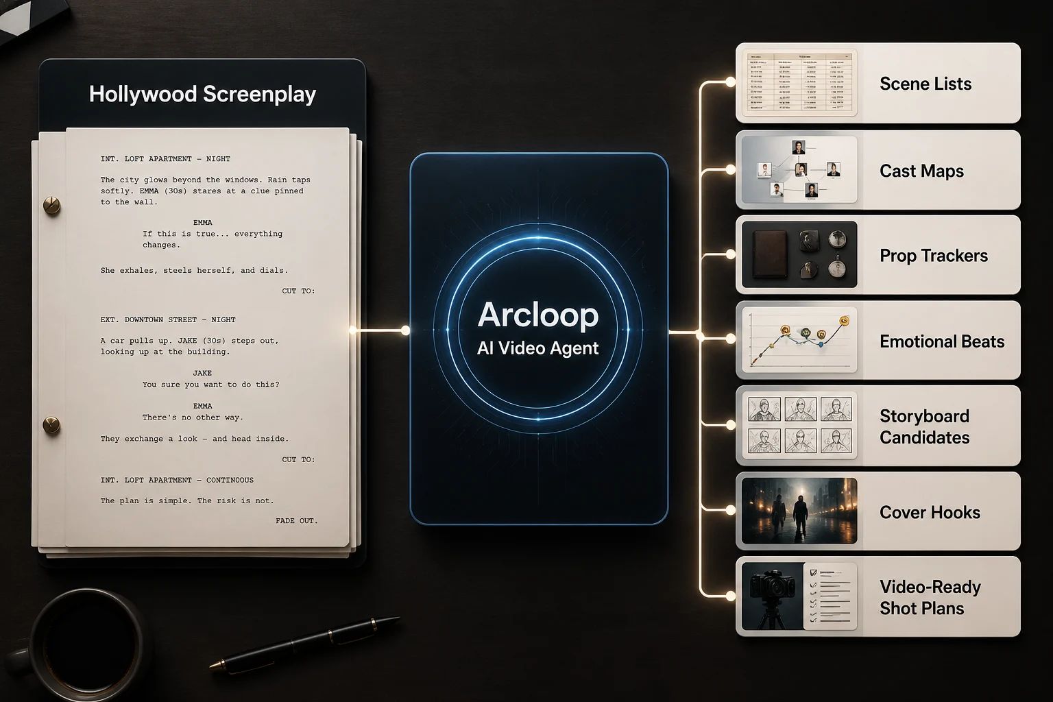 Hollywood screenplay format to Arcloop AI video agent map showing screenplay input feeding script breakdown, character bibles, storyboard grids, episode covers, promo images, and video-ready shot plans.