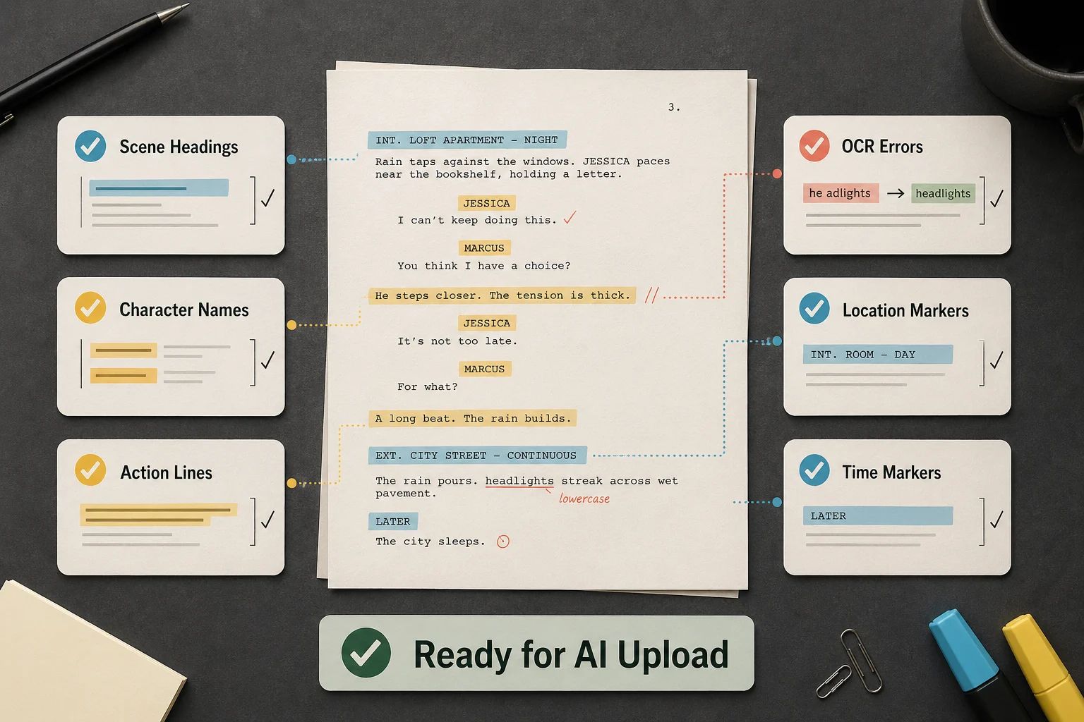 Hollywood screenplay cleanup checklist before AI upload covering consistent scene headings, character names, action lines, OCR errors, location markers, and time markers.